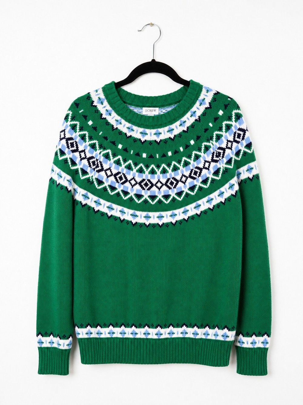 J.Crew Fair Isle Sweater Green Nordic Cotton Crewneck Knit Pullover Medium